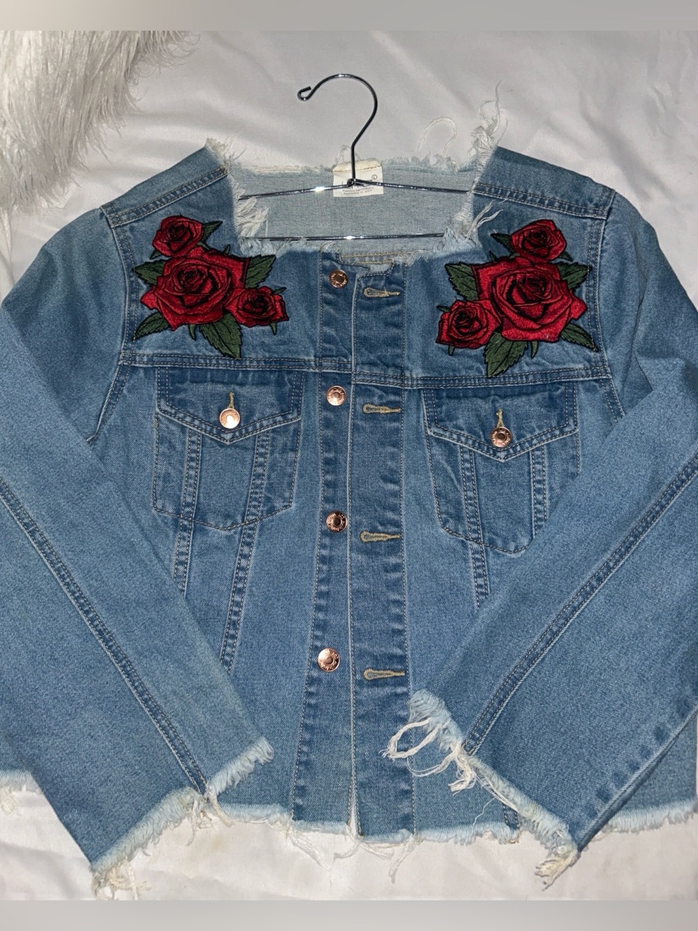 Denim Jacket with Rose Embroidery